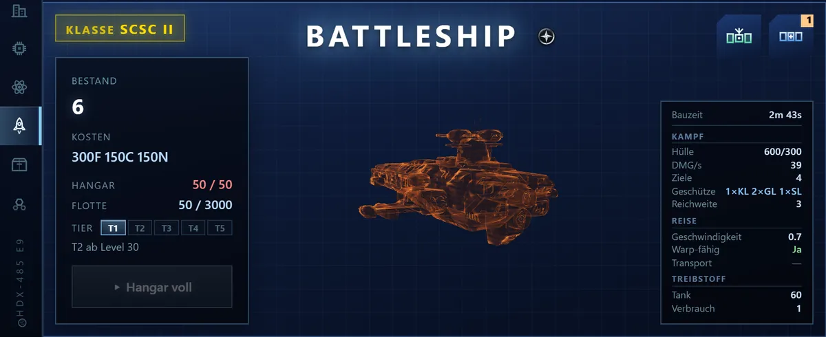 Werft mit dem Hologramm eines Battleships und seinen Kampfwerten